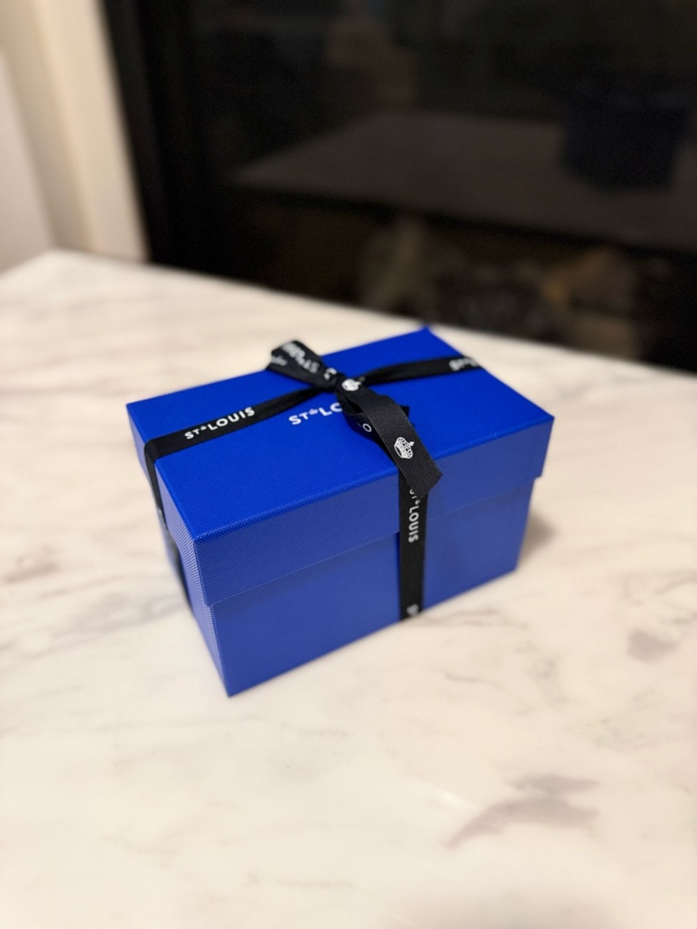 Brand new  St. Louis Royal Blue Gift Box with Black Ribbon clear color glass